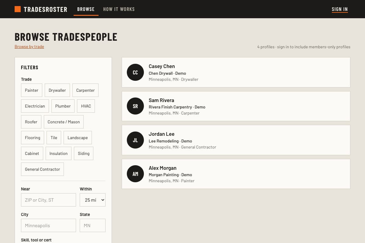 Demo Browse page with trade and location filters alongside member profiles.